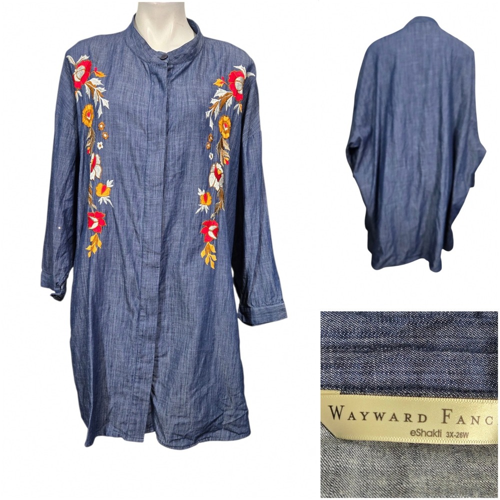 Wayward Fancies eShakti Embroidered Denim Shirt Dress Blue Cotton 3X-26W